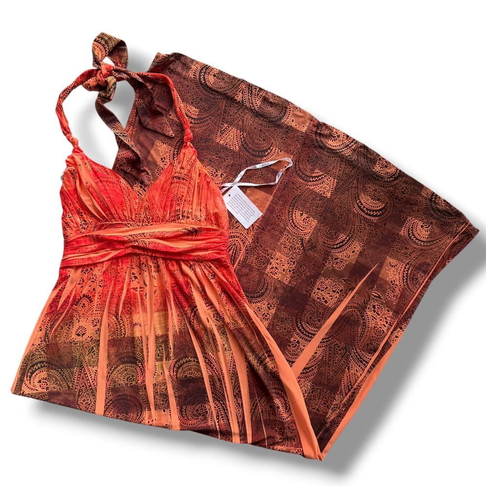 City Triangles Women's S Orange Brown Paisley Halter Empire Waist Maxi Dress USA